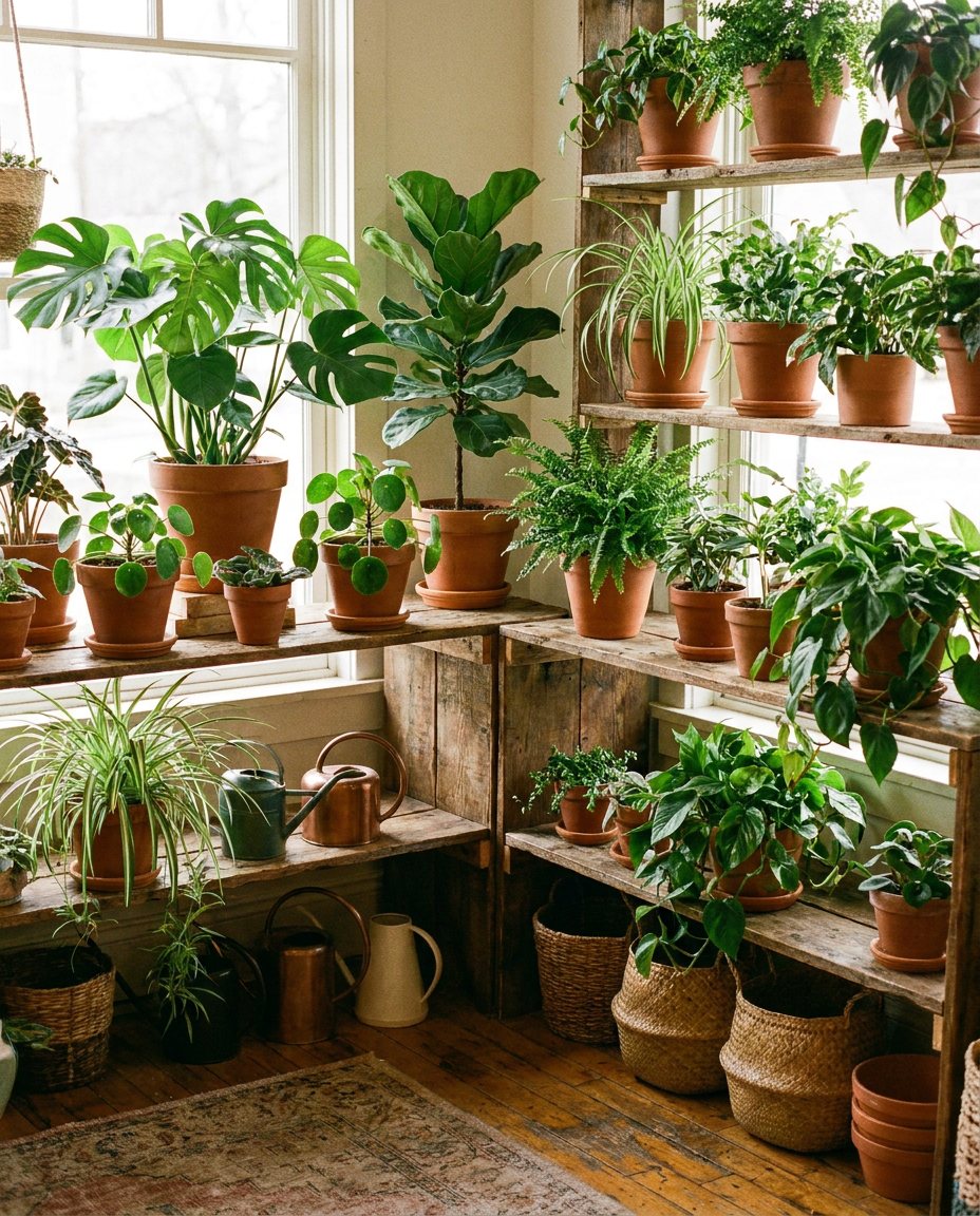 Groene kamerplanten in terracotta potten