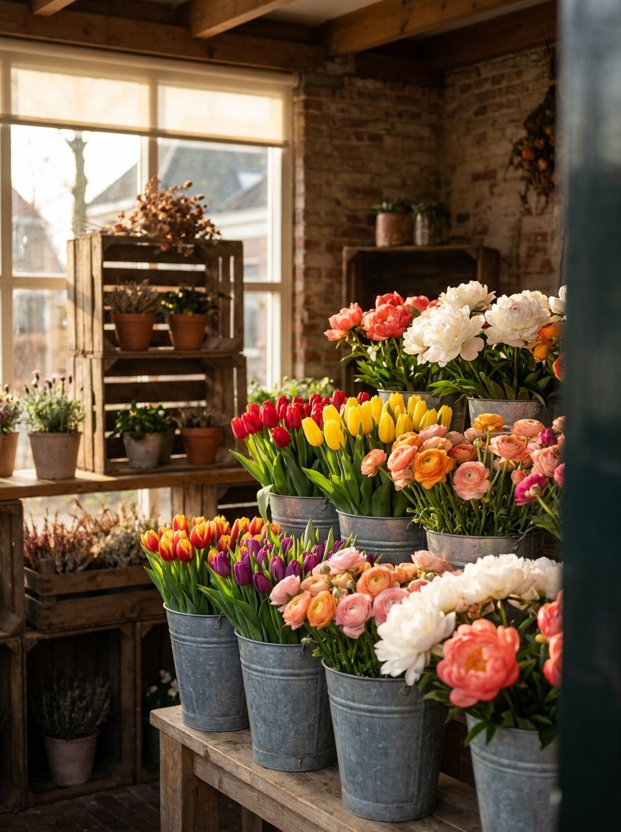 Zinken emmers vol verse tulpen, ranonkels en pioenrozen bij Bloemenhuis Yvette